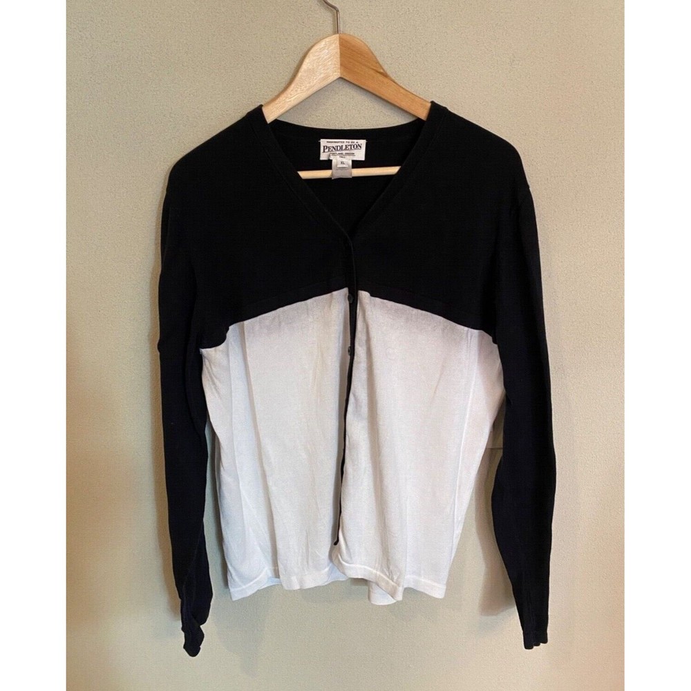 Pendleton Cardigan Sweater Womens Black/White Button Long Sleeve V-Neck Size XL